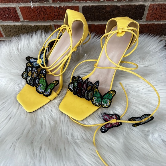 Shoes - Yellow and Multicolored Strappy Embroidered Butterfly Clear Ice Pump Heels